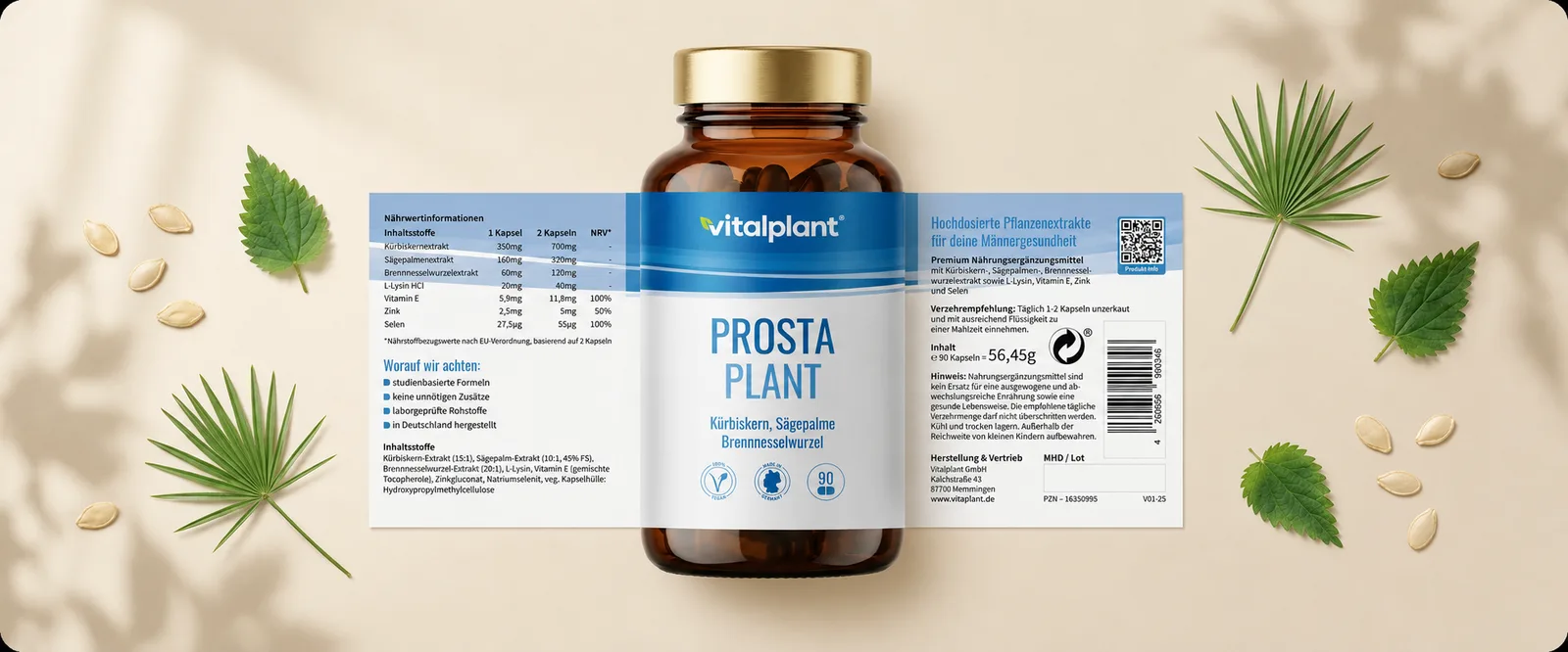 Prosta Plant Flasche mit offenem Etikett und ergänzenden Mikronährstoffen – Zink, Selen, Vitamin E